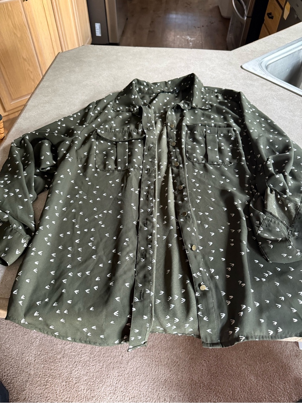 Women’s Olive Green Button-Down Shirt with Subtle White Print